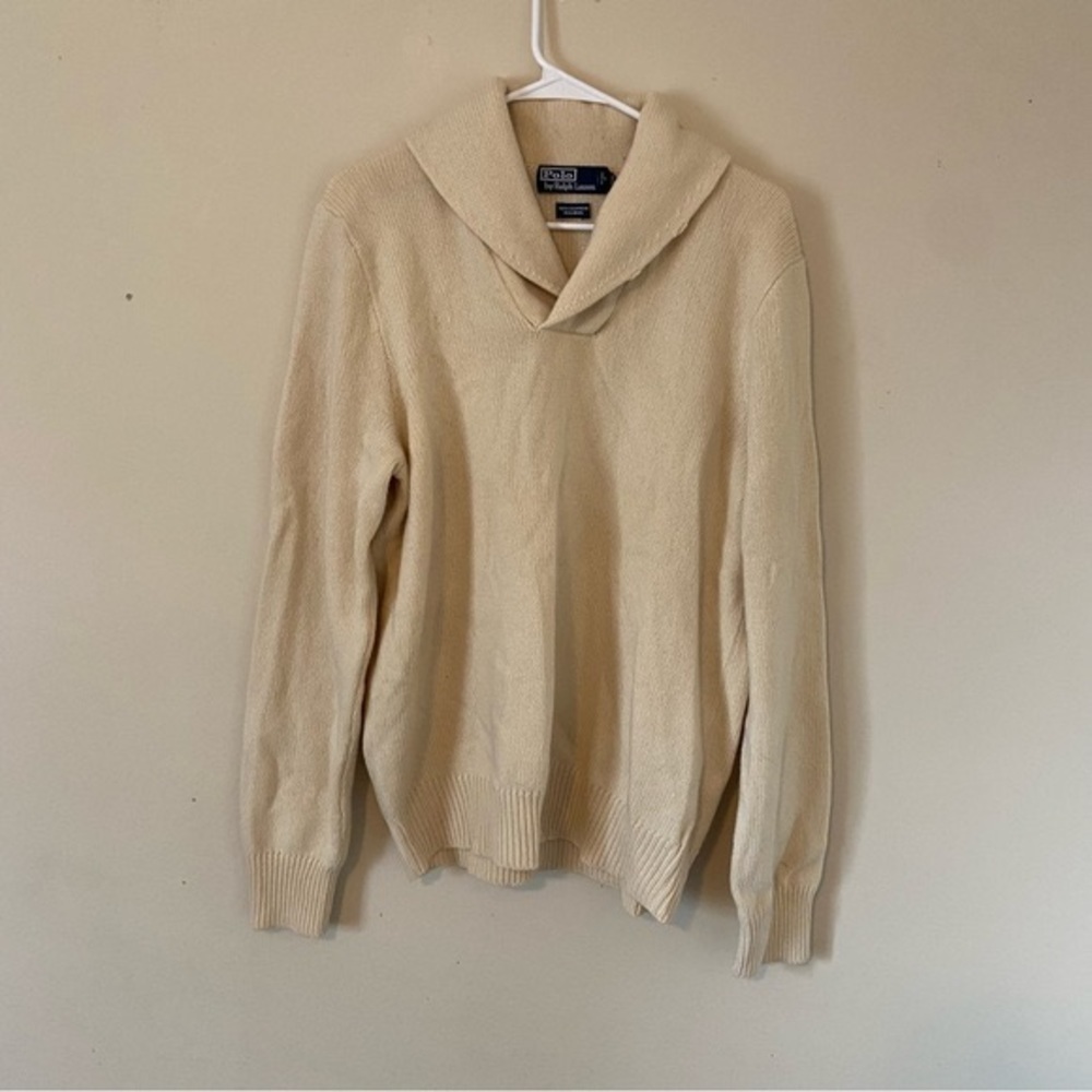 Polo By Ralph Lauren Cashmere Wool Blend Cream Collared Button Sweater